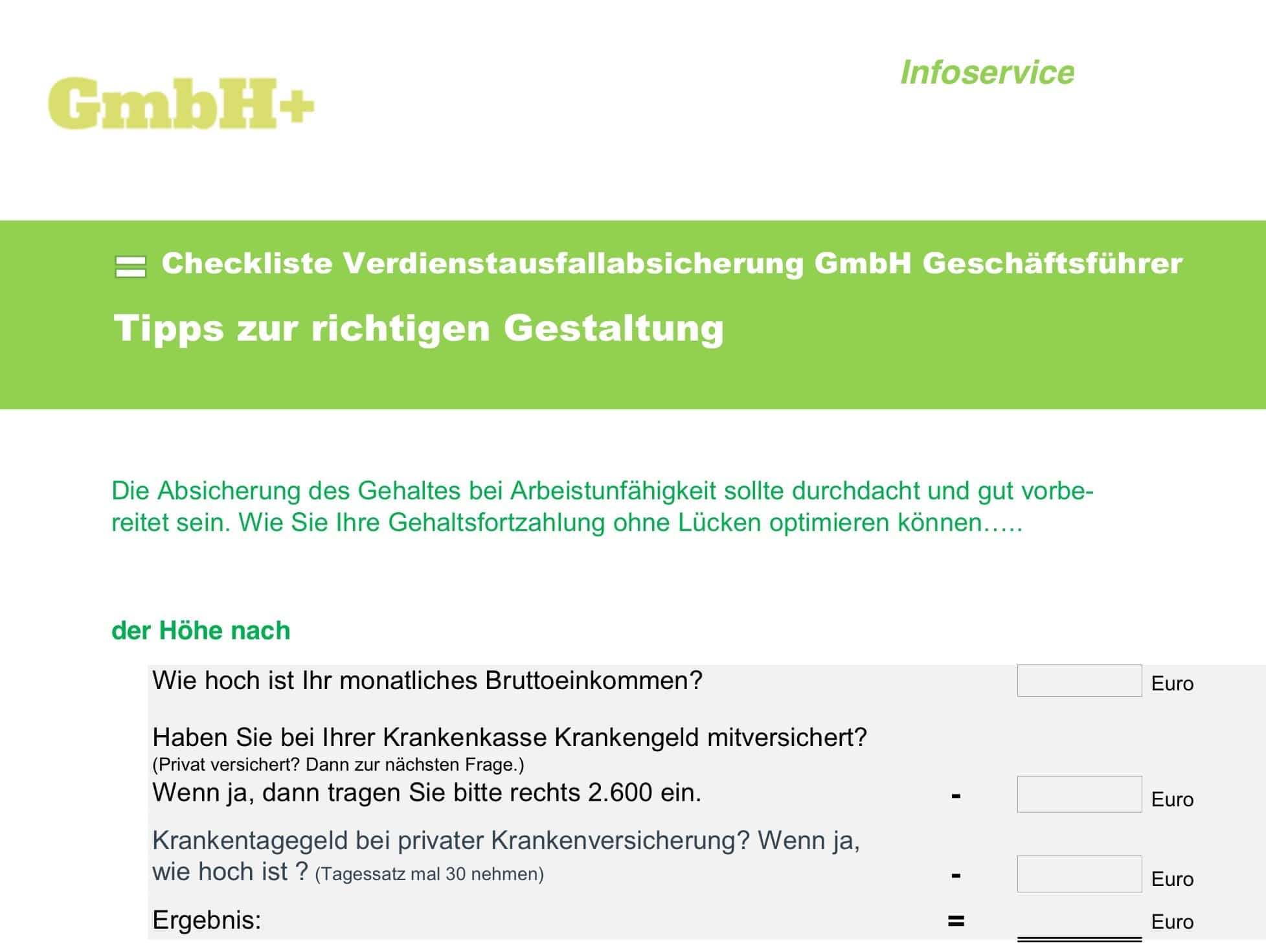 checklisteverdienstausfallabsicherunggmbhgeschaeftsfuehrer GmbH Vorteile
